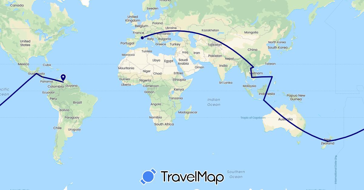 TravelMap itinerary: driving in France, Guatemala, Indonesia, Cambodia, Laos, Nicaragua, New Zealand, Philippines, Venezuela, Vietnam (Asia, Europe, North America, Oceania, South America)